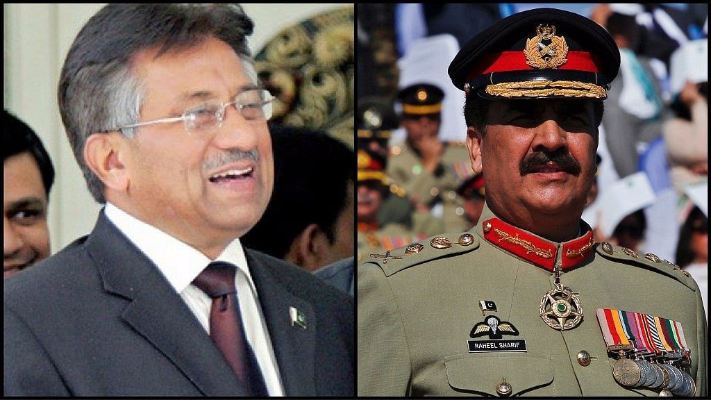 Former Pakistan President General Pervez Musharraf and ex-chief of Pakistan Army General Raheel Sharif (right). (Photo: <b>The Quint</b>)