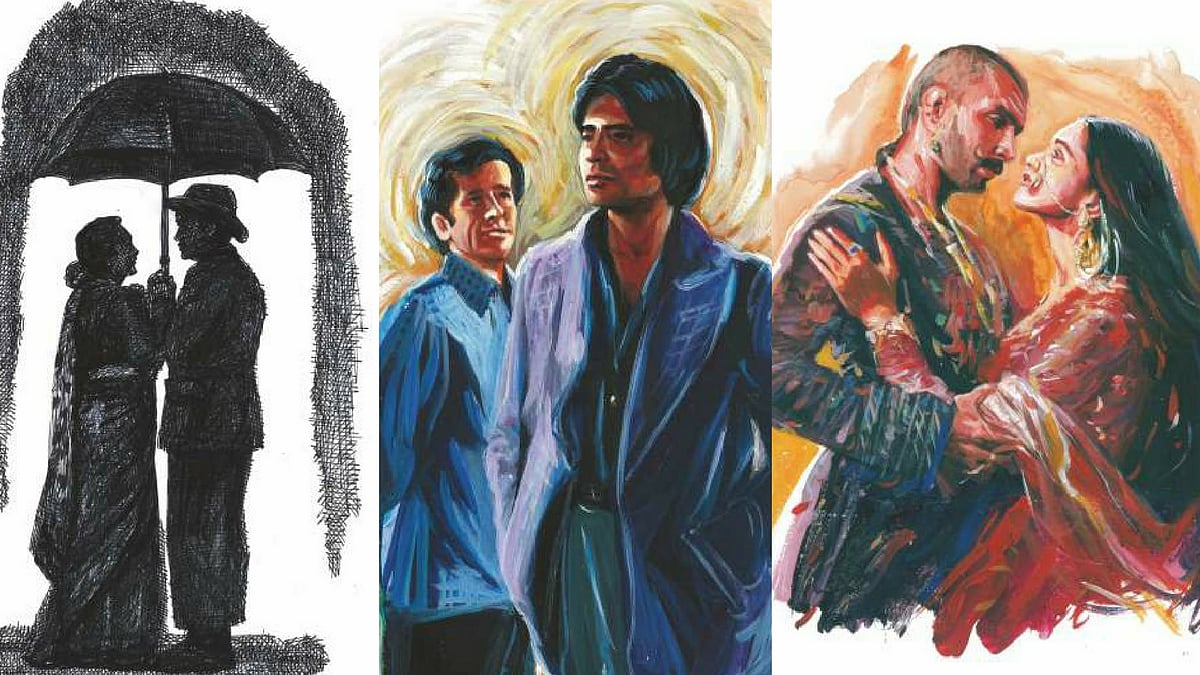 Sketches of iconic moments from <i>Shri 420</i>, <i>Deewar</i> and <i>Bajirao Mastani</i>. (Photo courtesy: Bhawana Somaaya)