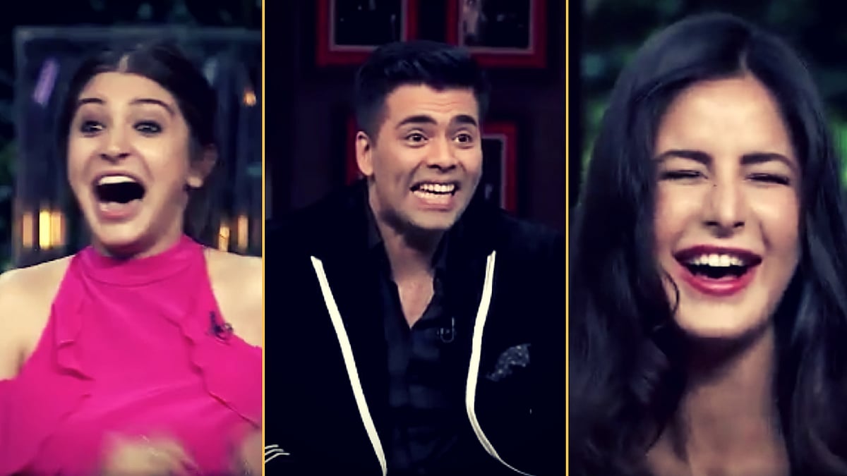Anushka Sharma (left), Karan Johar and Katrina Kaif (right) kick up a mad storm on the next episode of Koffee With Karan. (Photo Courtesy: Twitter/@StarWorldIndia)