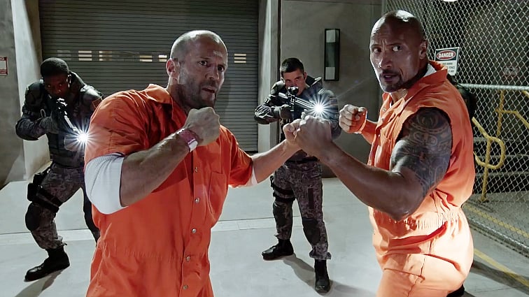 The Rock Dwayne Johnson versus Jason Statham in <i>The Fate of the Furious.</i>