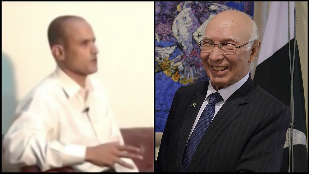 Alleged Indian spy captured by Pakistan Kulbhushan Jadhav (left) and Foreign Affairs Advisor to Pakistan Prime Minister Sartaj Aziz (right). (Photo: <b>The Quint</b>)