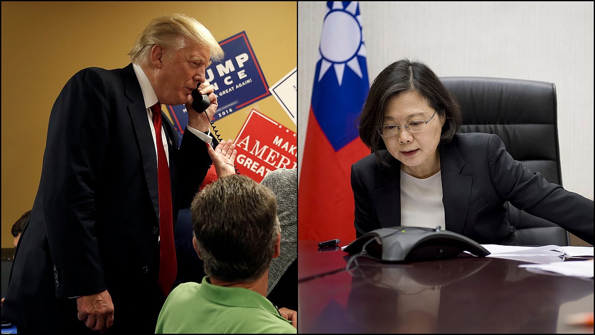 File image of US President-elect Donal Trump (L)  Taiwan’s President Tsai Ing-wen, speaking Trump through a speaker phone in Taipei. (R). (Photos: Reuters, AP)