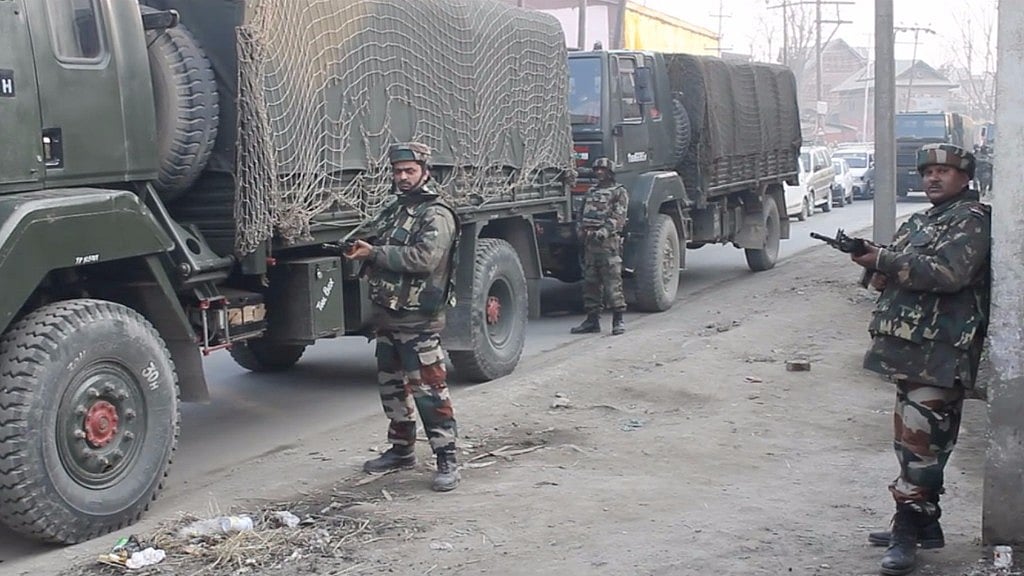 Indian Army personnel in Pulwama, Jammu and Kashmir, on Saturday. (Photo Courtesy: Aijaz Dar)