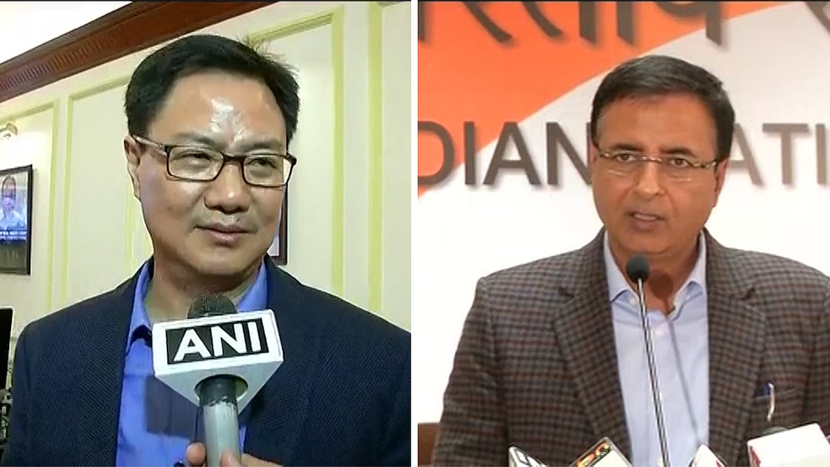 Union Minister of State for Home Kiren Rijiju (L) and Congress spokesperson Randeep Surjewala (R). (Photo: ANI screengrab)