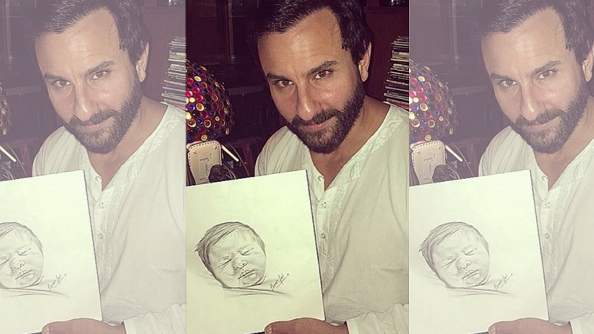 Saif Ali Khan with his son’s portrait. (Photo courtesy:<a href="https://www.instagram.com/p/BPCIjMaDGMG/?hl=en&taken-by=sakpataudi"> Instagram/ @sakpataudi</a>)