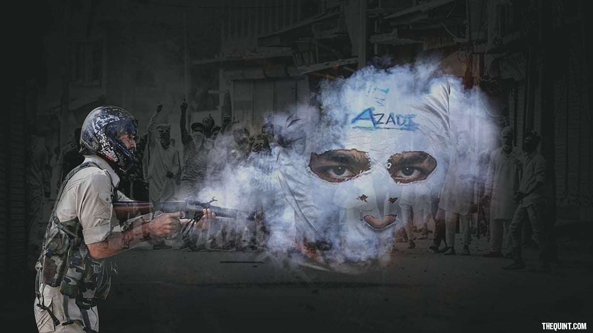 Security forces use violence in Kashmir against protesters. (Photo: Harsh Sahani/<b>The Quint</b>)