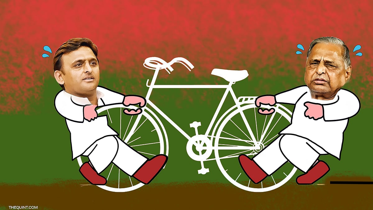As the internal rift within the SP widens, the Election Commission may freeze the symbol of cycle. (Photo: Rhythum Seth/<b>The Quint</b>)