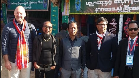 From Left to Right: European Union’s Envoy to Myanmar Roland Kobia, NSCN Khaplang’s military chief Niki Sumi, senior cadre Isak Sumi, Indian Envoy to Myanmar Vikram Misri and an unidentified Myanmar security official. (Photo Courtesy: Facebook/<a href="https://www.facebook.com/isak.sumi/posts/1192630777499290">Isak Sumi</a>)