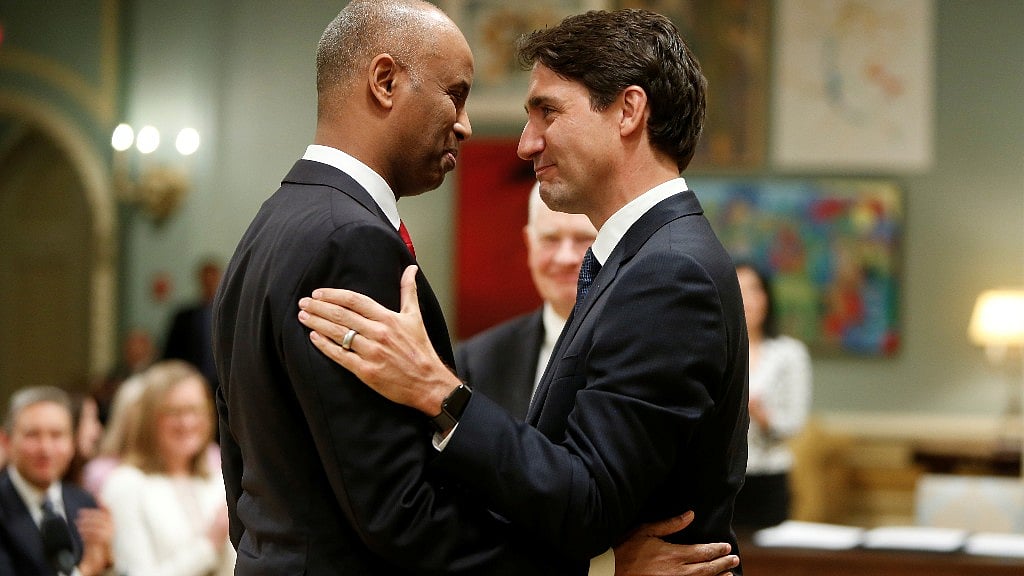 Ahmed Hussen with Justin Trudeau after being sworn in as the Minister of Immigration, Refugees and Citizenship. (Photo: Reuters)