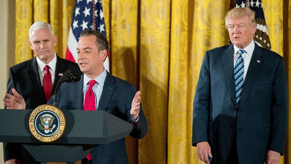 Trump Chief of Staff Reince Priebus, center, accompanied by Vice President Mike Pence, left, and President Donald Trump, right. (Photo: AP)