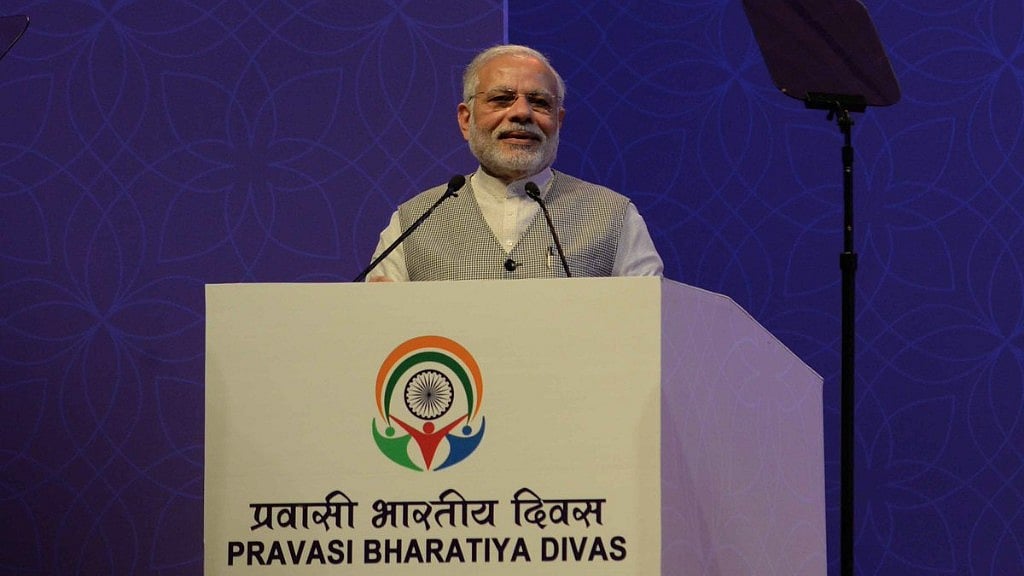 Prime Minister Narendra Modi addresses the gathering at the Pravasi Bhartiya Divas 2017 celebrations. (Photo: Twitter/<a href="https://twitter.com/PBDConvention">@PBD2017</a>)