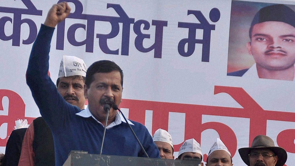 Delhi Chief Minister Arvind Kejriwal addresses a rally at Rohtak. (Photo: PTI)