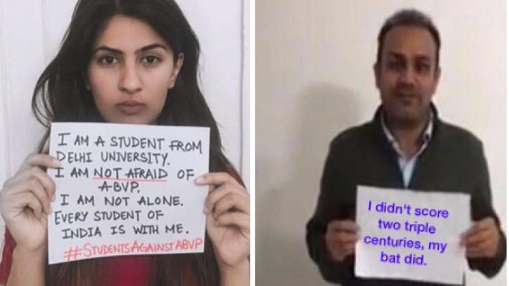 Gurmehar Kaur (left) Virender Sehwag (right). (Photo: <b>The Quint</b>)