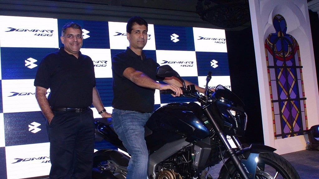 Rajiv Bajaj (right) at the launch of new Bajaj Dominar. (Photo: IANS)