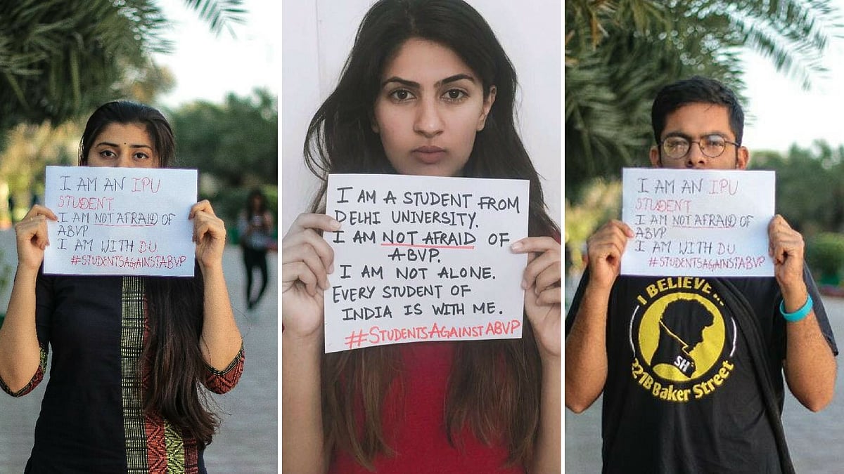 Students are protesting against the violence unleashed by ABVP outside Delhi University’s Ramjas College. (Photo: Facebook/Altered by <b>The Quint</b>)