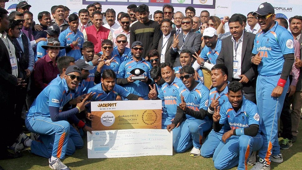 The Indian blind cricket team after a match in the 2nd T20 World Cup in Ahmedabad this year. (Photo: PTI)