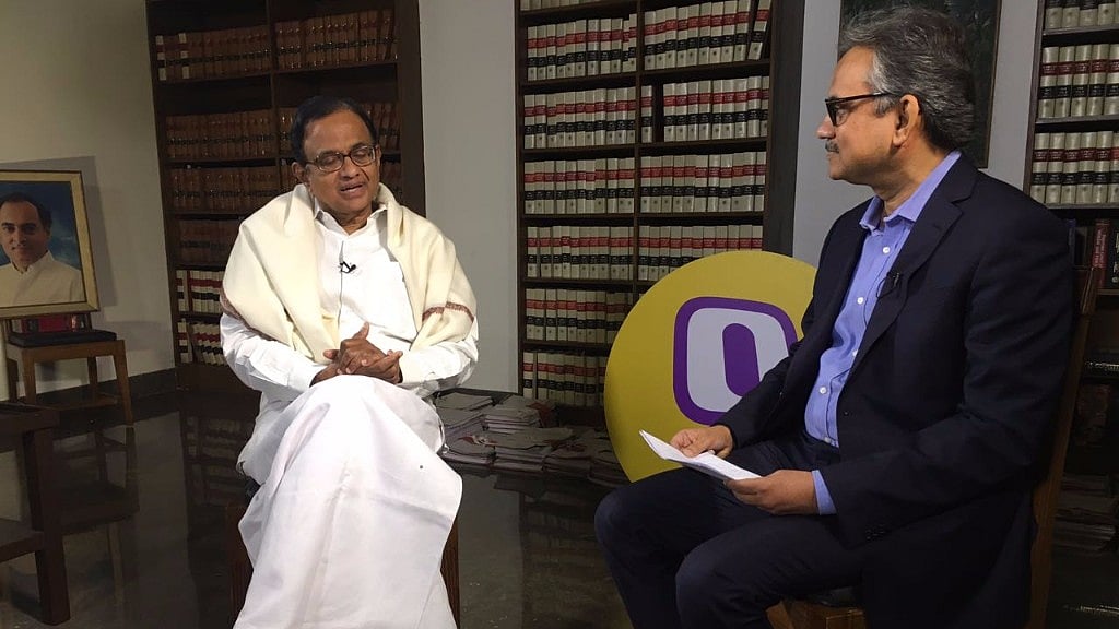 P Chidambaram during a conversation with <b>The Quint</b>’s Sanjay Pugalia. (Photo: <b>The Quint</b>/Tejas Alhat)