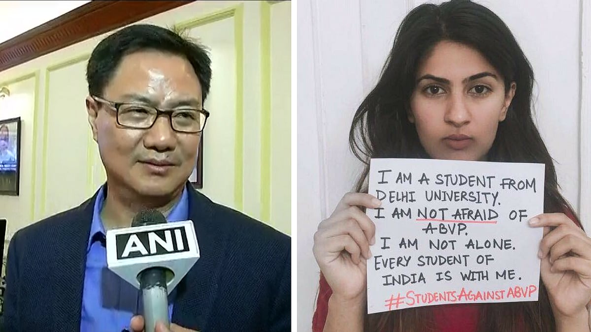 Union Minister Kiren Rijiju and Gurmehar Kaur. (Photo Courtesy: ANI/<a href="https://www.facebook.com/gurmehark">GurMehar Kaur</a>/Facebook)