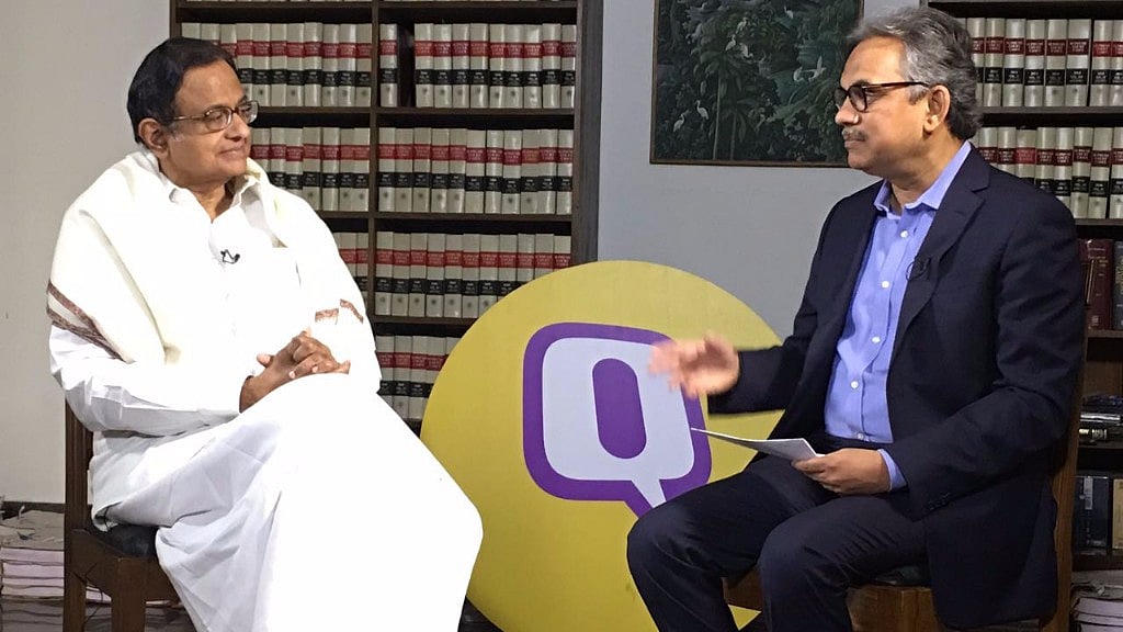 P Chidambaram during a conversation with <b>The Quint</b>’s Sanjay Pugalia. (Photo: <b>The Quint</b>/Tejas Alhat)