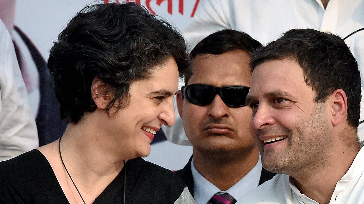 Priyanka and Rahul Gandhi share a light moment in Raebareli on Friday (Photo Courtesy: PTI)
