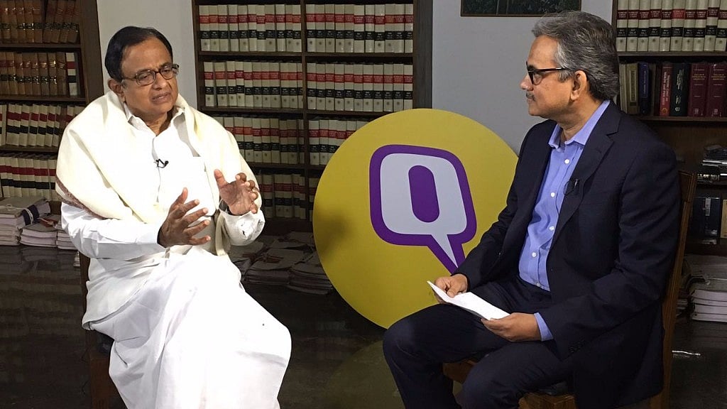 P Chidambaram during a conversation with <b>The Quint</b>’s Sanjay Pugalia. (Photo: <b>The Quint</b>/Tejas Alhat)