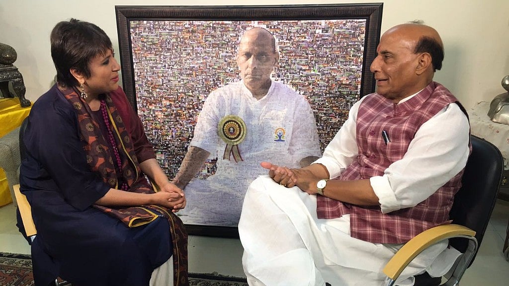 Barkha Dutt in conversation with Rajnath Singh. (Photo: <b>The Quint</b>)