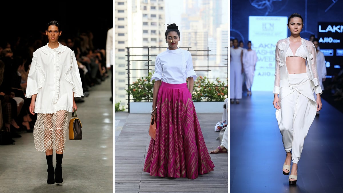 

A model displays a creation by Burberry during their Autumn/Winter 2017 London Fashion Week Show (L), a creation by designer Payal Khandwala (M) and a piece by House of Milk (R). (Photo: AP/Payal Khandwala/LFW)