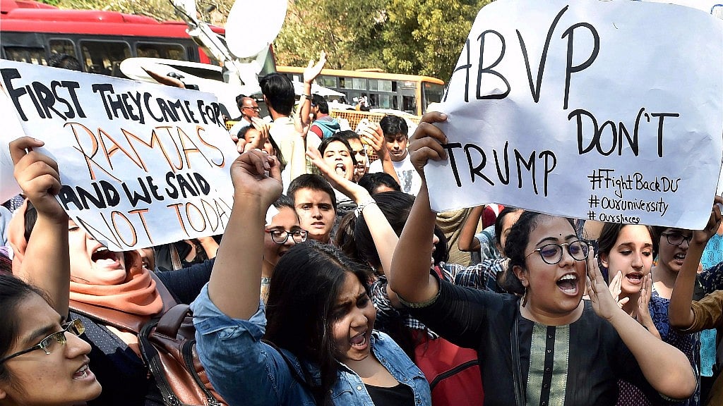 Students and teachers of Delhi University, JNU and Jamia during their protest in DU’s North Campus. (Photo Courtesy: PTI)