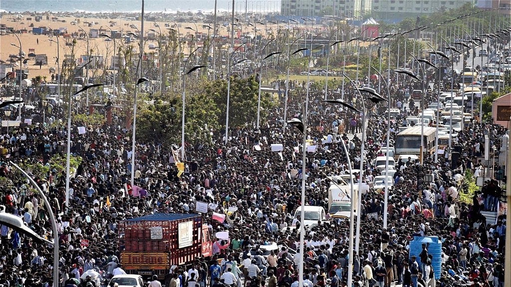 A file photo of pro-Jallikattu protesters at Chennai’s Marina beach in January 2017.