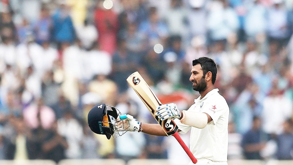Cheteshwar Pujara celebrates his double century in Ranchi. (Photo: AP)