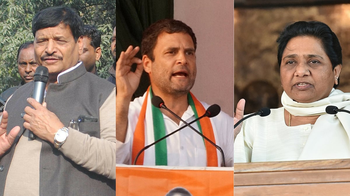 Shivpal Yadav (left), Rahul Gandhi (centre) and Mayawati. (Photo Courtesy: IANS/Altered by <b>The Quint</b>)