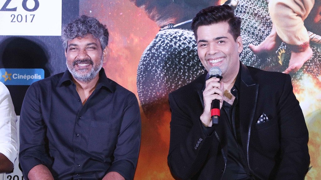 <i>Baahubali 2: The Conclusion</i> director SS Rajamouli and Karan Johar at the launch of the film’s trailer. (Photo: Yogen Shah)