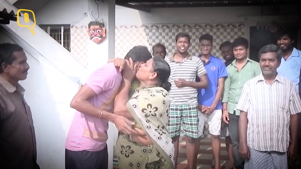 T Natarajan is congratulated by his mother after bagging the IPL contract. (Photo: The Quint)