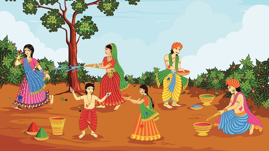 An illustration of Radha-Krishna playing Holi. (Photo: iStock)