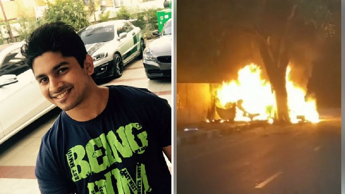 Ashwin Sundar (L) and the car crash site in Chennai (R). (Photo Courtesy: The News Minute)