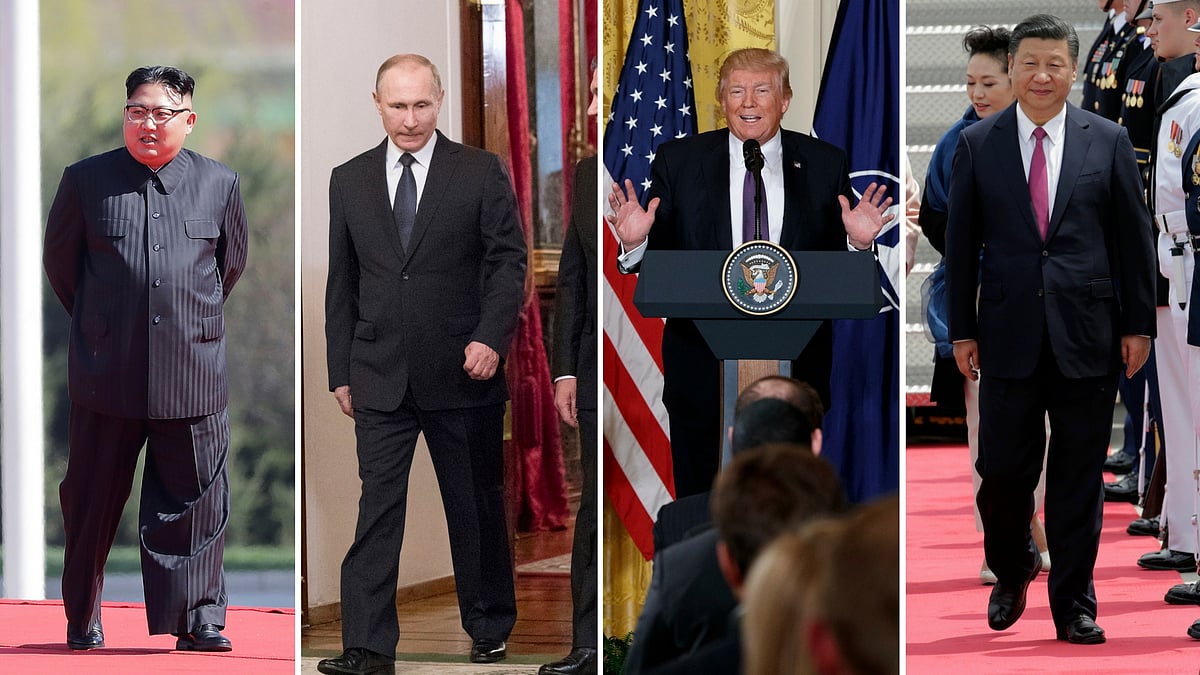 Kim Jong Un, Vladimir Putin, Donald Trump and Xi Jinping. (L-R) (Photo: Altered by <b>The Quint</b>)