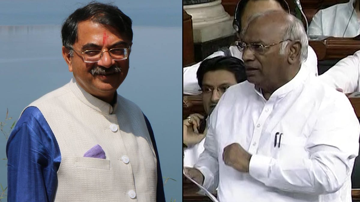 Congress’ Mallikarjun Kharge questions the government in Lok Sabha (Photo: Altered by The Quint)
