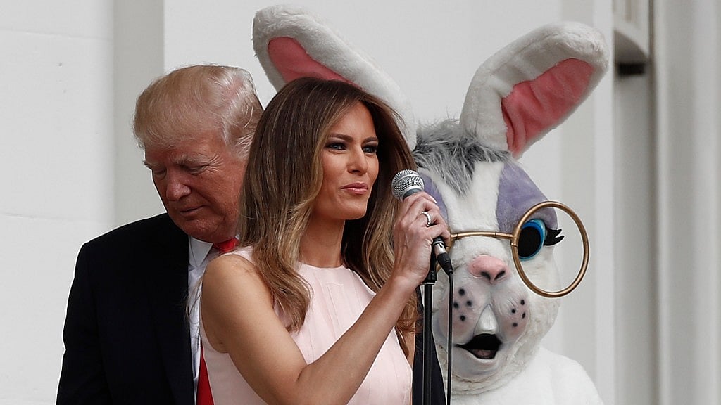 First lady Melania Trump, joined by President Donald Trump and the Easter Bunny, speaks on the Truman Balcony during the annual White House Easter Egg Roll. (Photo: AP)