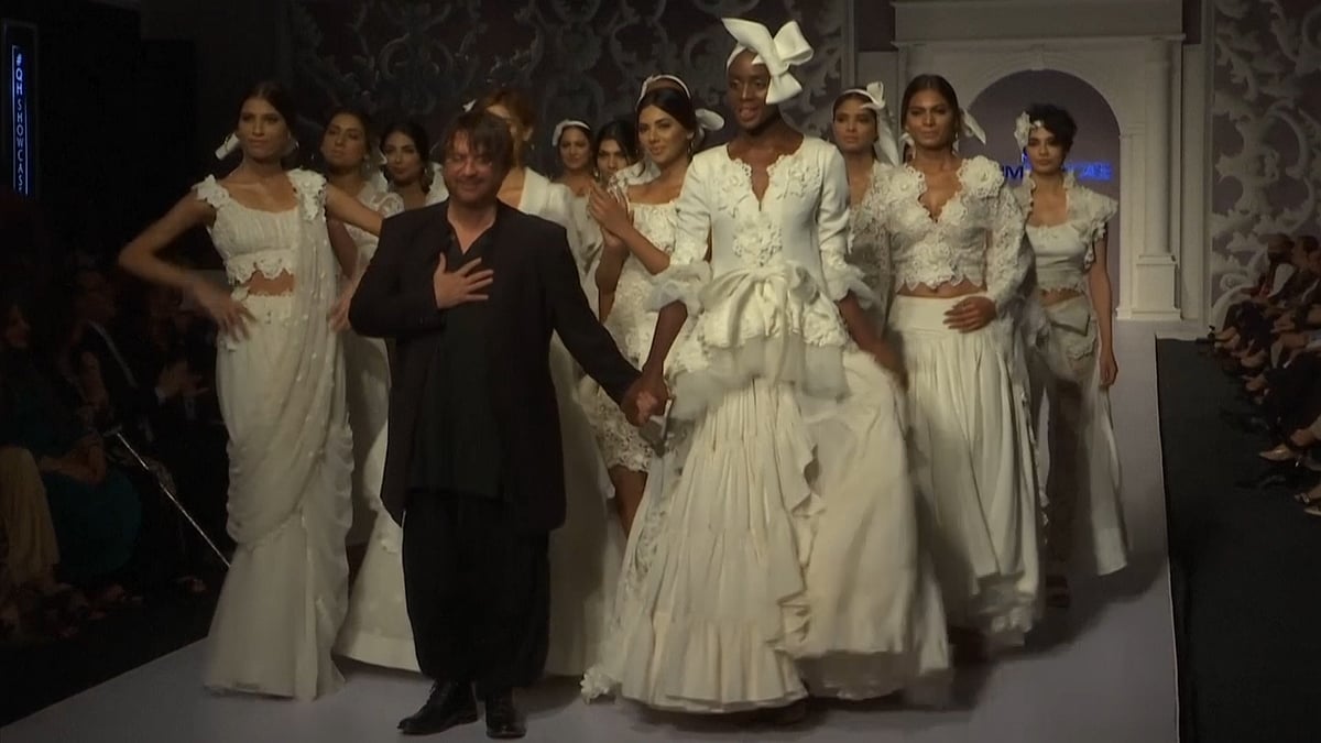 Rizwan Beyg, one of the biggest names of Pakistani fashion, unveiled his luxury pret collection titled ‘Lace Couture’. (Photo: AP Screengrab)