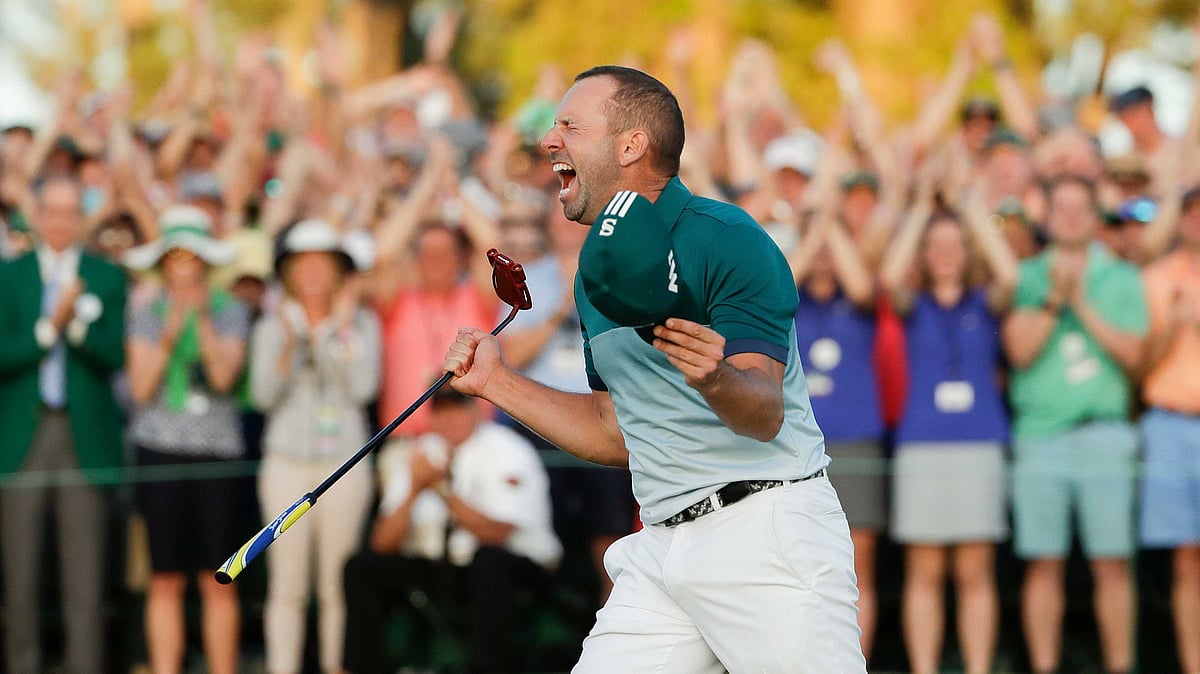 Sergio Garcia, of Spain, reacts after making his birdie putt on the 18th green to win the Masters golf tournament after a playoff Sunday. (Photo: AP)