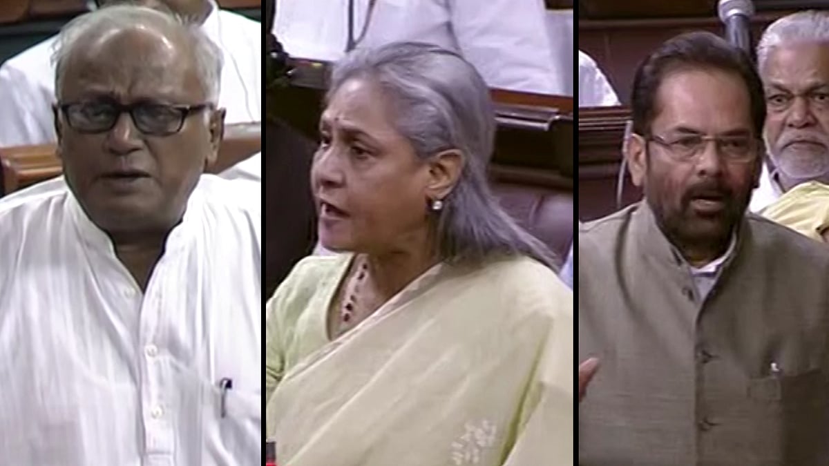 TMC’s Saugata Roy, SP’s Jaya Bachchan and Union Minister Mukhtar Abbas Naqvi. (Photo: RSTV/Altered by <b>The Quint</b>)