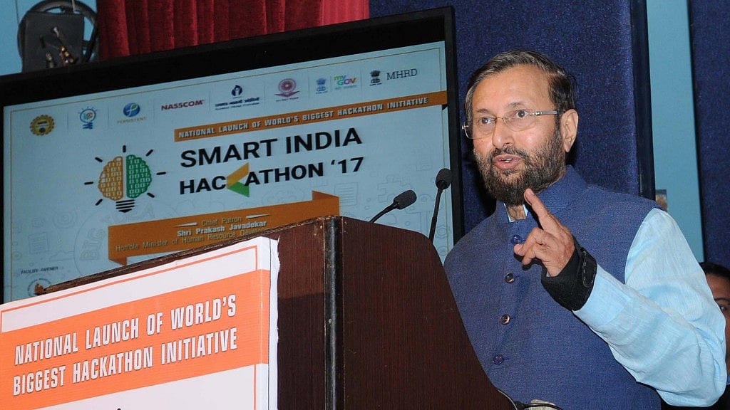 HRD minister Prakash Javadekar speaking at the Smart India Hackathon 2017 in Mumbai on Saturday. (Photo Courtesy: HRD Ministry)
