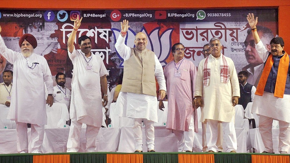 BJP Party President Amit Shah during his Booth Sampark programme in Naxalbari, West Bengal on Tuesday (Photo: PTI)