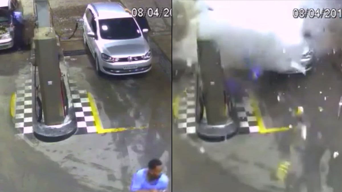 The CCTV footage shows the driver of the being flung into the air after the blast.