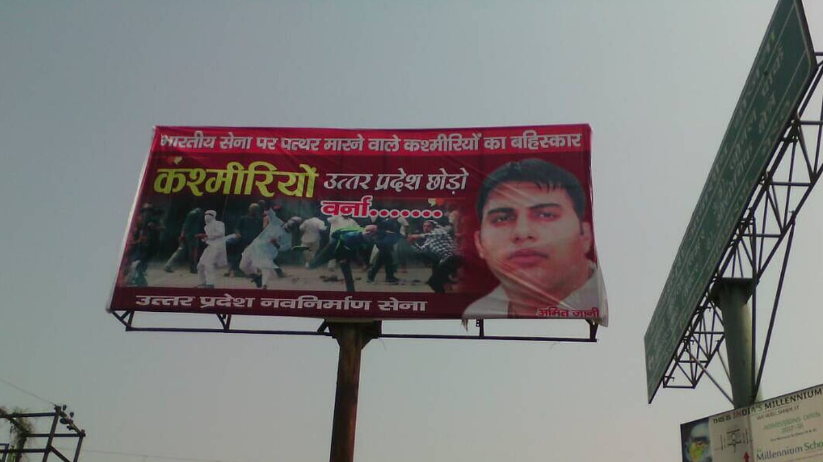 The hoardings ask Kashmiris to leave the state or “face consequences”. (Photo Courtesy: Twitter/@<a href="https://twitter.com/IshitaBhatiaTOI">Ishita Bhatia</a>)