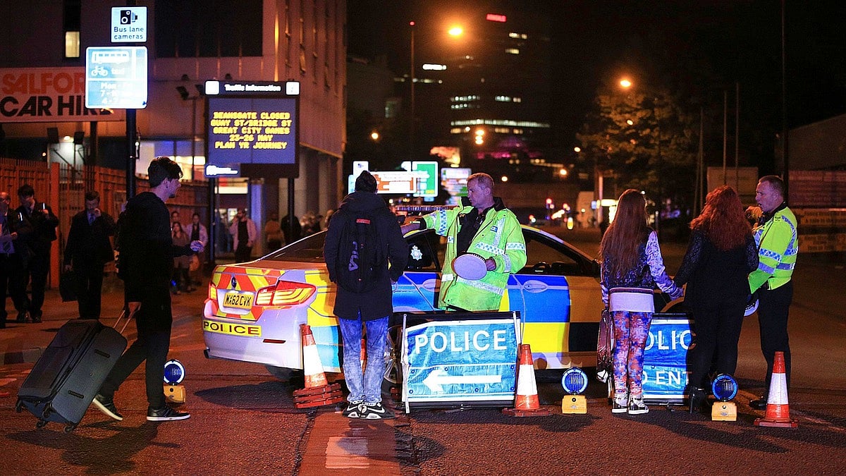 Emergency services at Manchester Arena after reports of an explosion at the venue during an Ariana Grande gig. (Photo: AP)