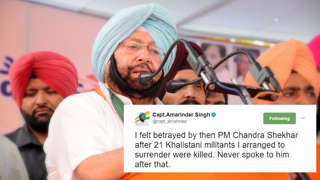 Captain Amarinder Singh recently tweeted excerpts from his latest books - one authored by him, and the other his authorised biography. (Photo: IANS / Altered by <b>The Quint</b>)