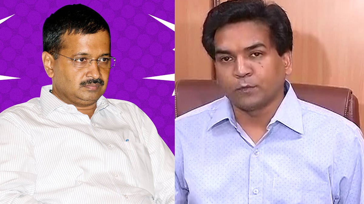 Delhi CM Arvind Kejriwal (L), Suspended AAP Leader Kapil Mishra (Photo altered by <b>The Quint)</b>
