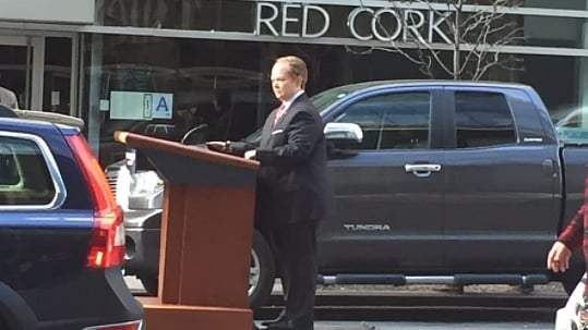 McCarthy took her impersonation of Sean Spicer, the White House press secretary, to the streets of New York. (Photo Courtesy: Screenshot of Twitter video/<a href="https://twitter.com/Sifill_LDF">Sherrilyn Iffil</a>)