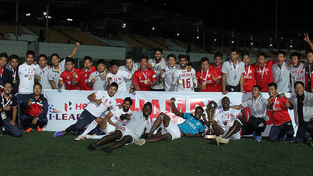 Aizawl FC team members celebrate with the iLeague trophy. (Photo: ILEAGUE fb page)